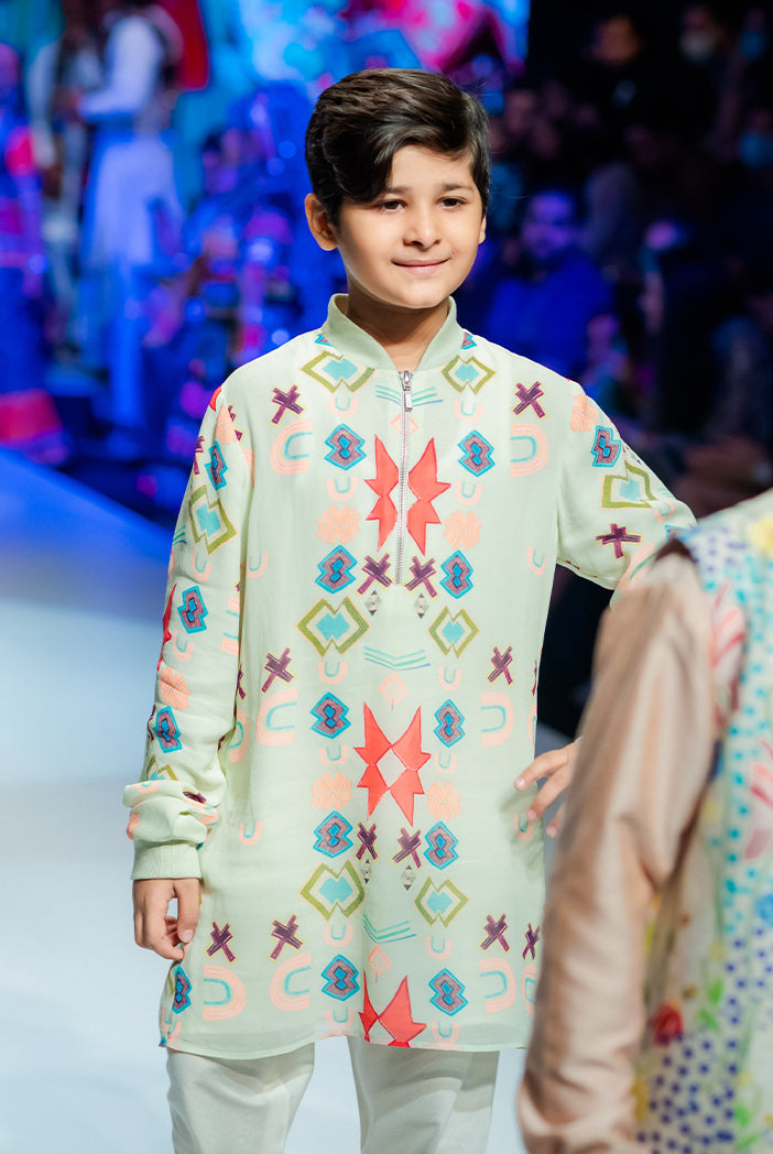 PS Kids White Colour Printed Art Georgette Bomber Kurta with Off White Colour Cotton Silk Churidar