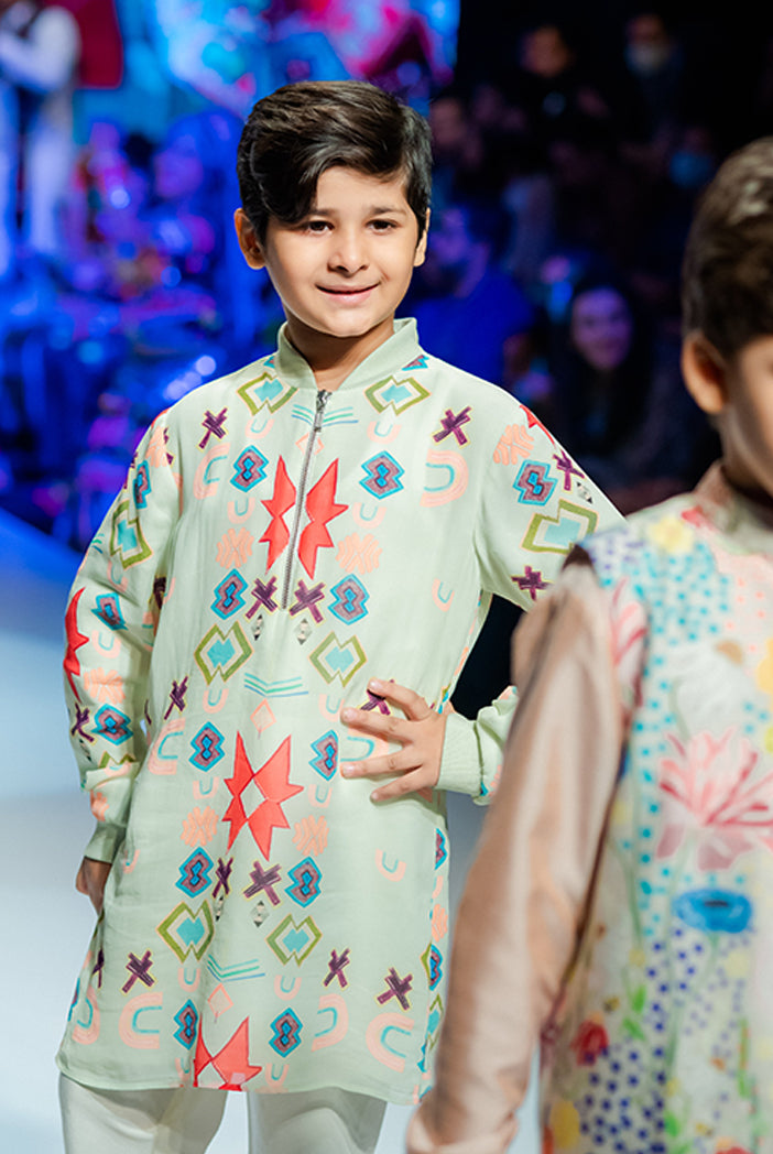 PS Kids White Colour Printed Art Georgette Bomber Kurta with Off White Colour Cotton Silk Churidar