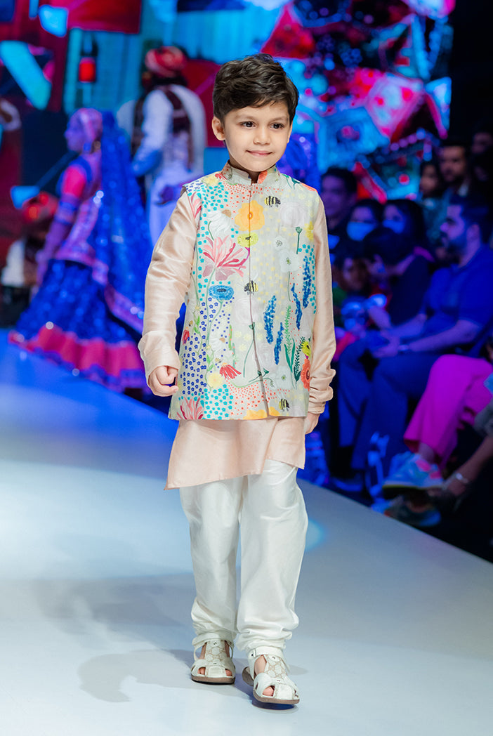 PS Kids Stone Colour Printed Silkmul Bandi With Blush Colour Silkmul Kurta And Off White Colour Cotton Silk Churidar