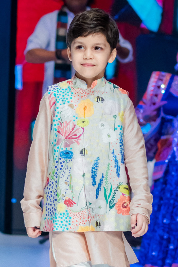 PS Kids Stone Colour Printed Silkmul Bandi With Blush Colour Silkmul Kurta And Off White Colour Cotton Silk Churidar