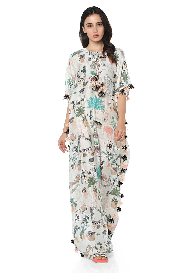 White Colour Printed Silkmul Kaftan
