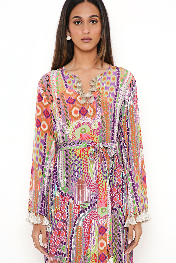Multicolour African Print Crepe Long Straight Kaftan With Belt