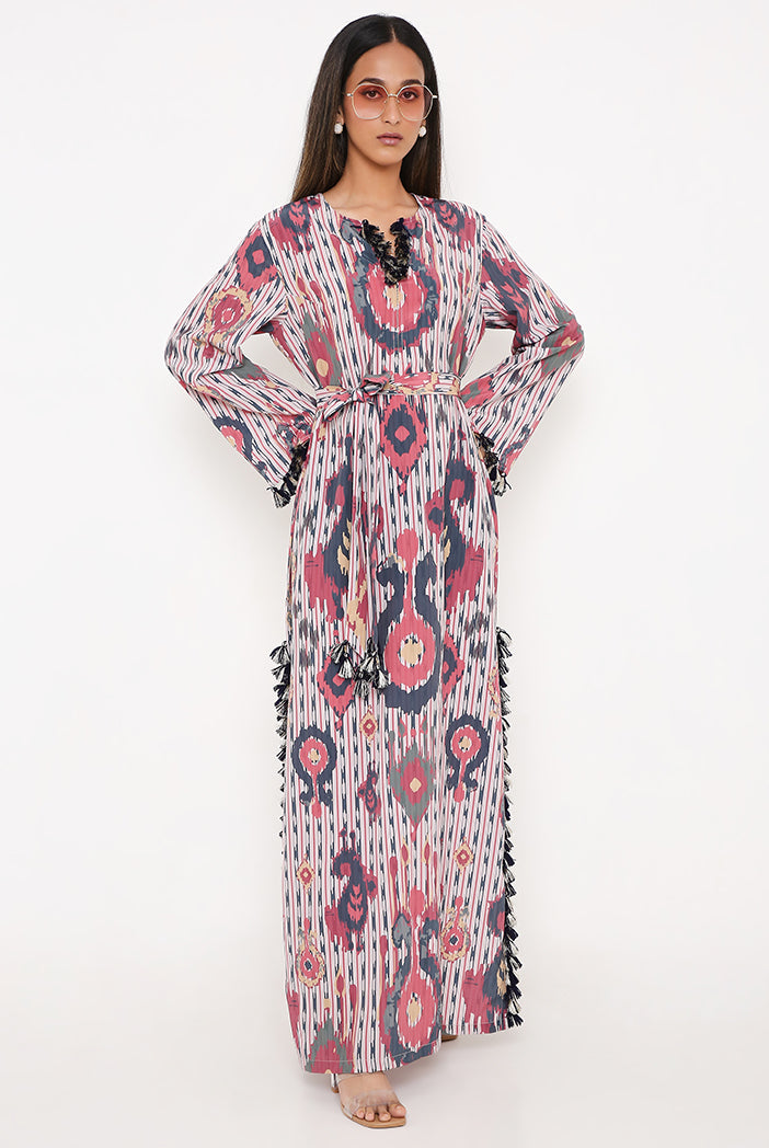 Red Ikat Tribe Print Art Crepe Long Beyza Kaftan