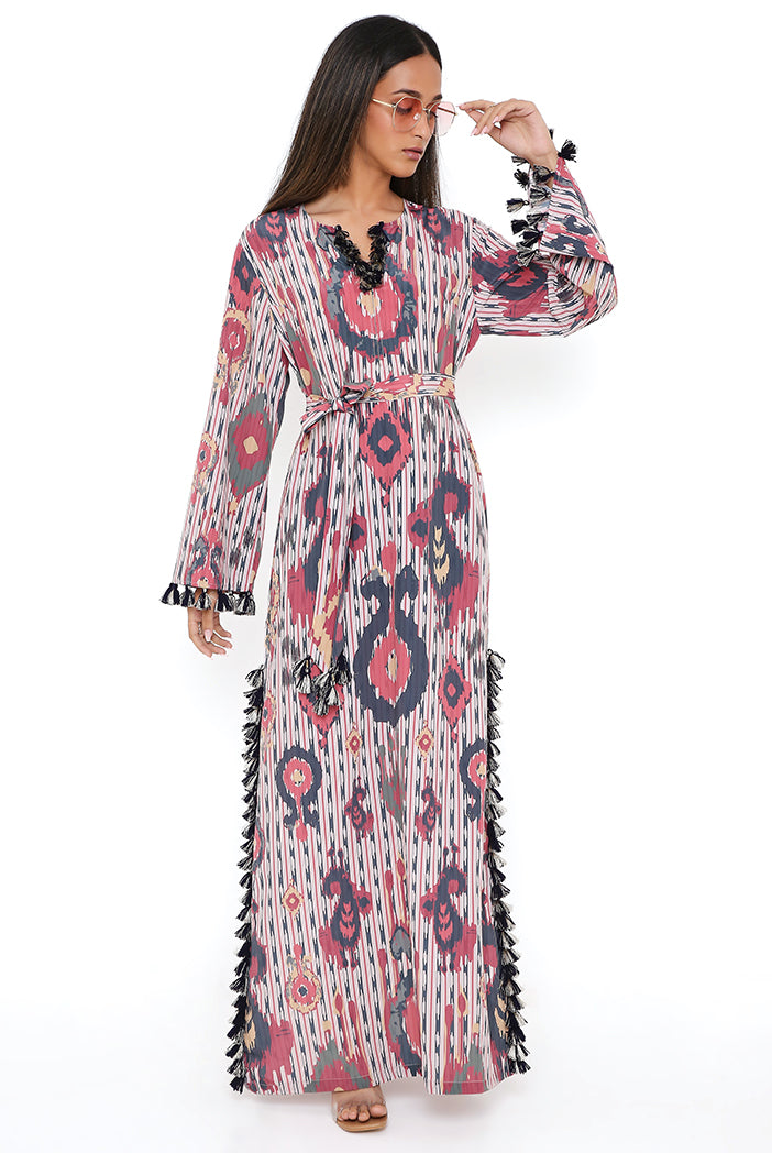 Red Ikat Tribe Print Art Crepe Long Beyza Kaftan