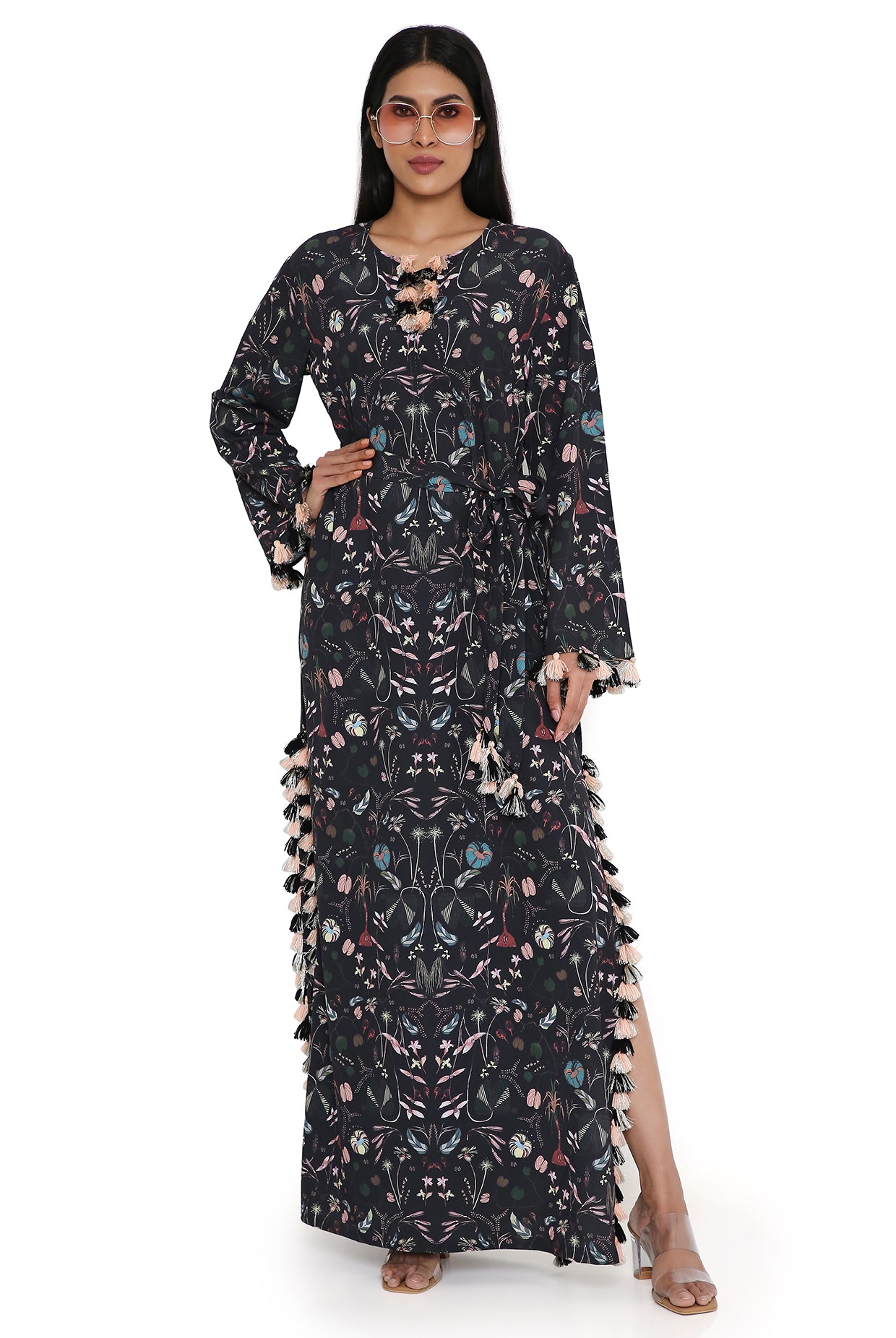 Black Forest Print Art Crepe Long Beyza Kaftan