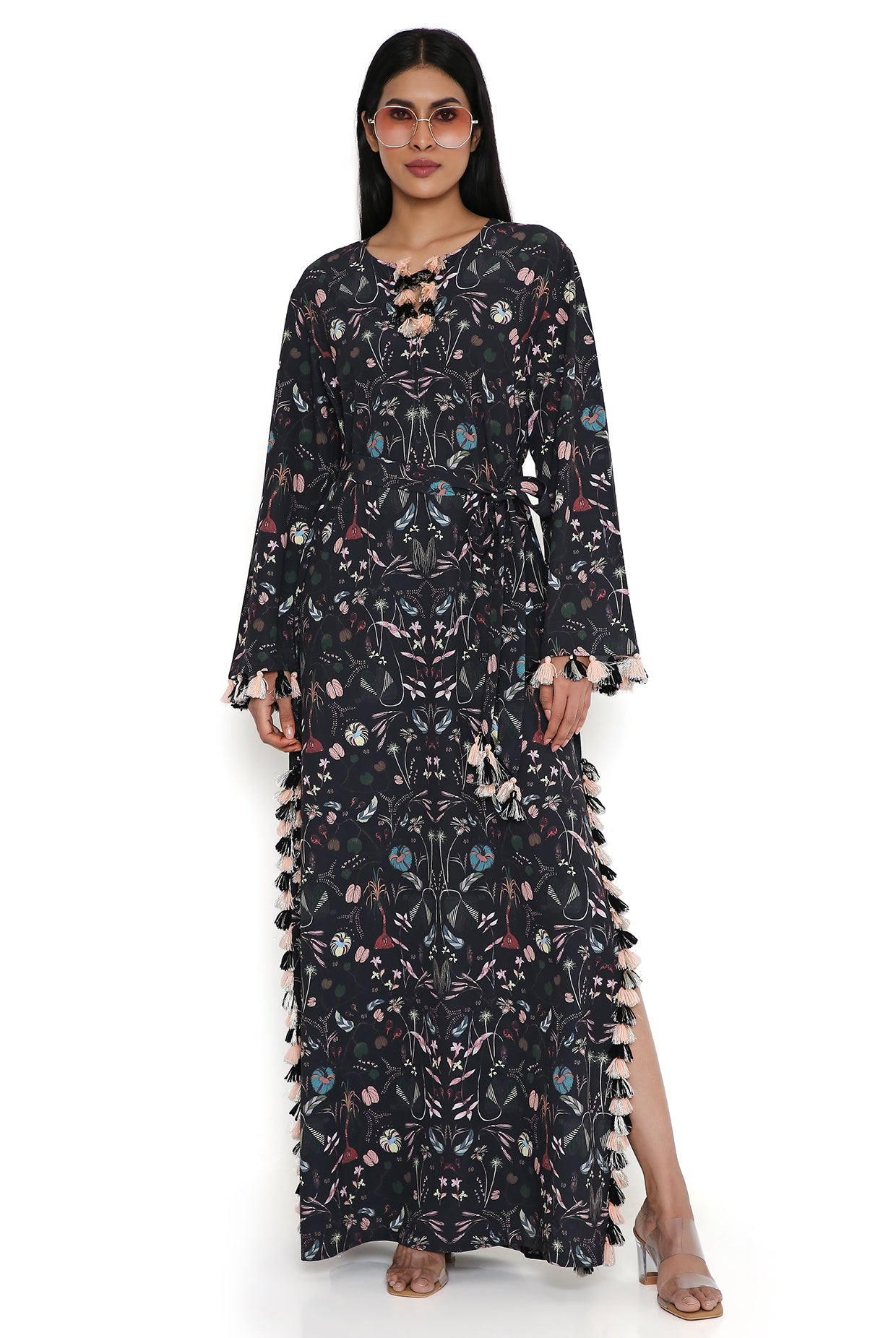 Black Forest Print Art Crepe Long Beyza Kaftan