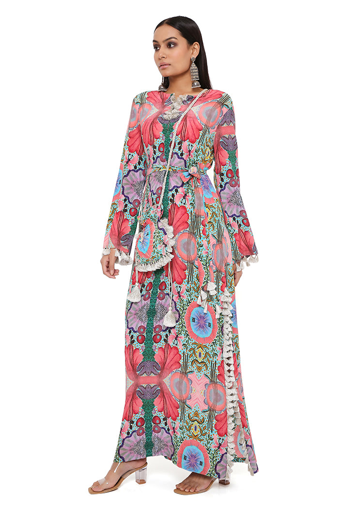 Red Enchanted Print Crepe Long Beyza Kaftan With Belt