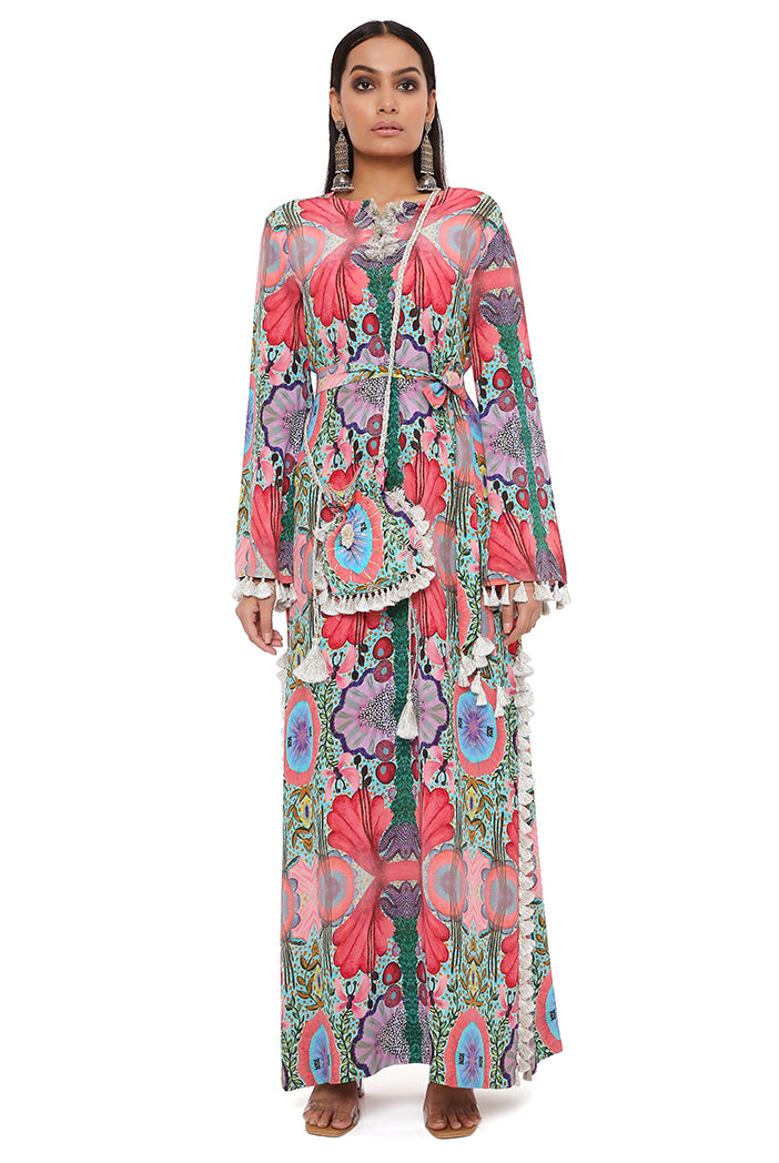 Red Enchanted Print Crepe Long Beyza Kaftan With Belt