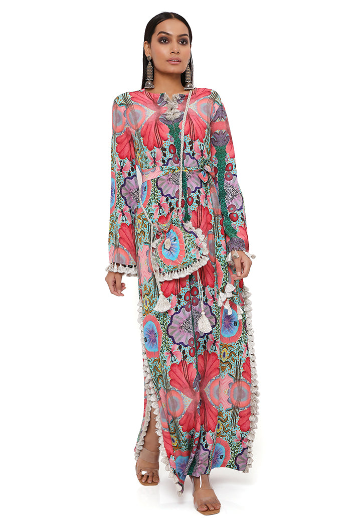 Red Enchanted Print Crepe Long Beyza Kaftan With Belt