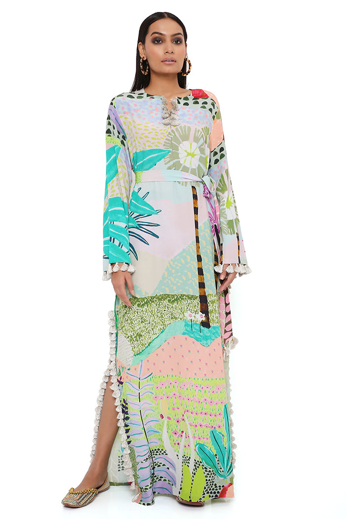 Tropical Print Crepe Long Beyza Kaftan With Belt