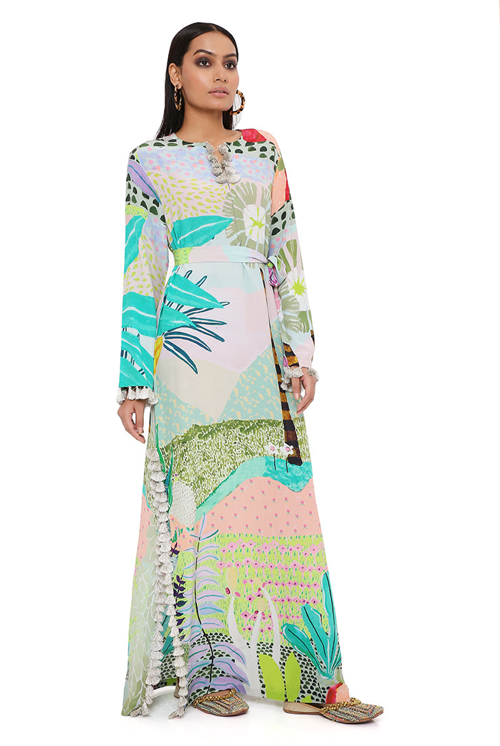 Tropical Print Crepe Long Beyza Kaftan With Belt