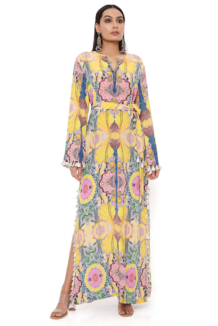 Yellow Enchanted Print Crepe Long Beyza Kaftan With Belt