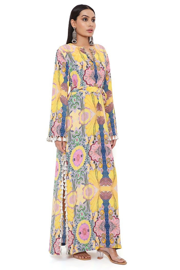 Yellow Enchanted Print Crepe Long Beyza Kaftan With Belt