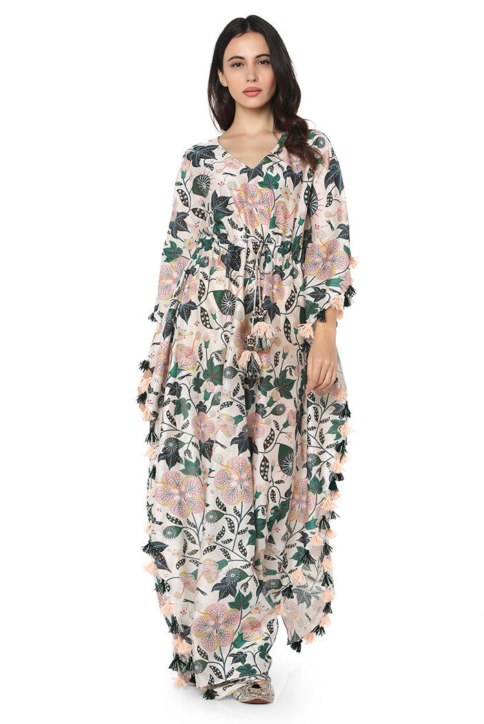Grey Colour Printed Silkmul Kaftan