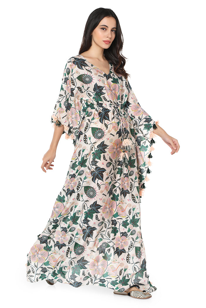 Grey Colour Printed Silkmul Kaftan