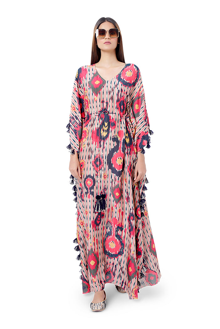 Red Colour Printed Silkmul Kaftan