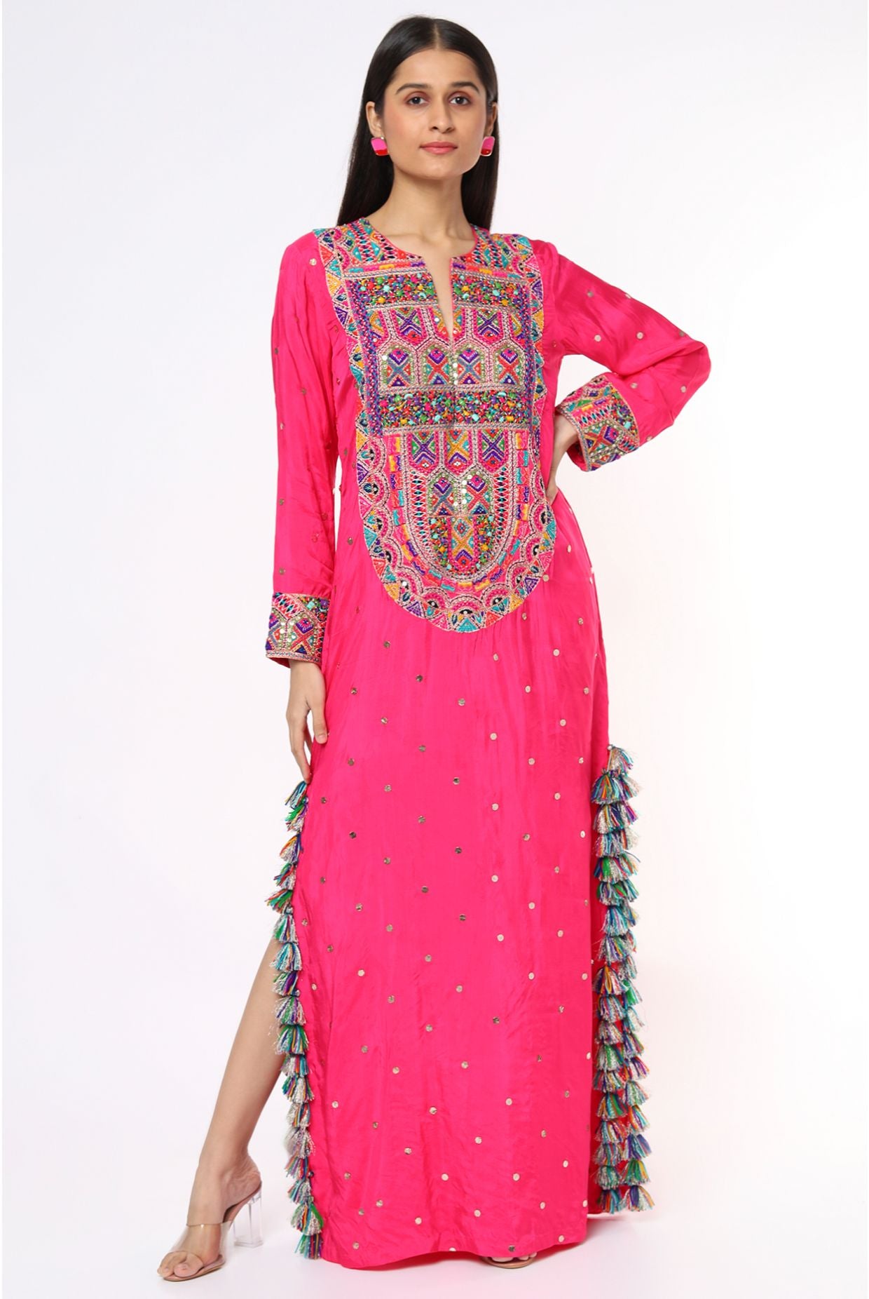 Pink Mukaish Silk Embroidered Yoke Beyza Kaftan