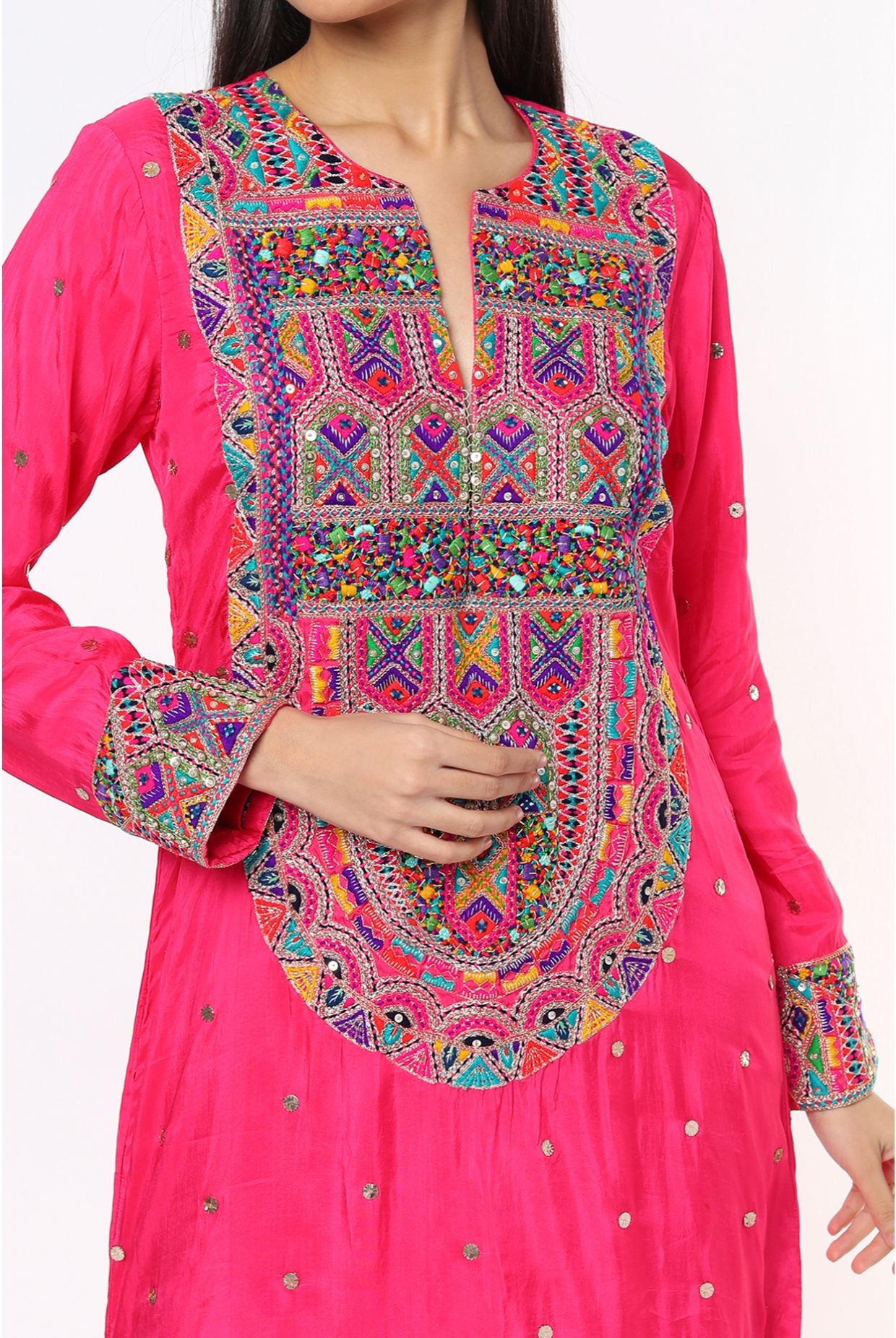 Pink Mukaish Silk Embroidered Yoke Beyza Kaftan