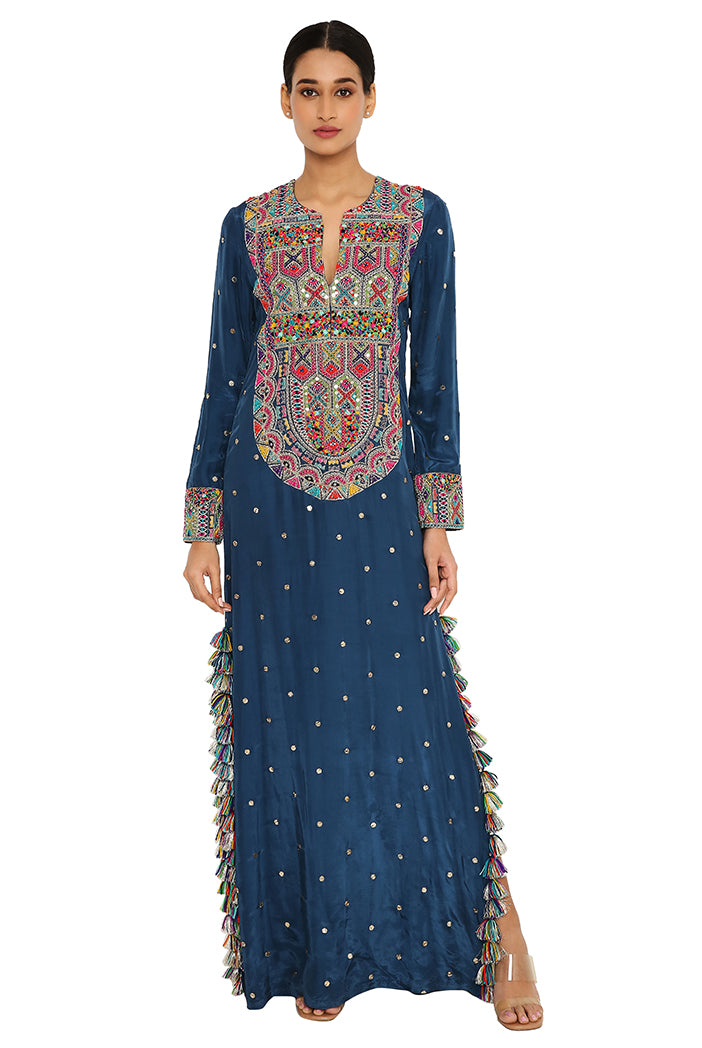 Adira Teal Blue Colour Mukaish Silk Embroidered Beyza Kaftan