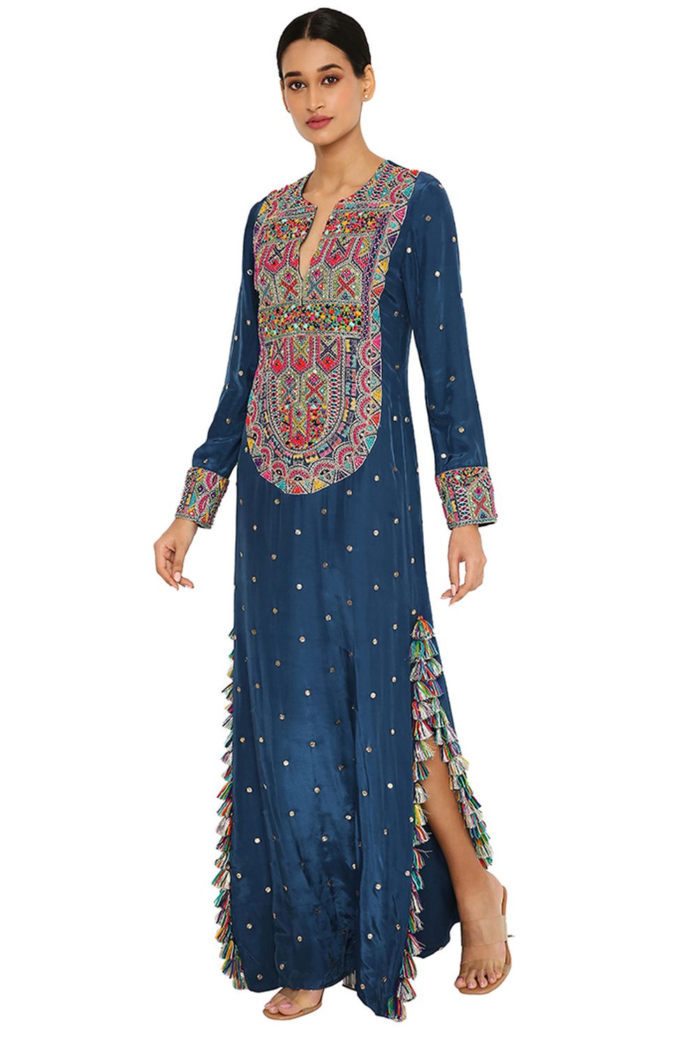 Adira Teal Blue Colour Mukaish Silk Embroidered Beyza Kaftan