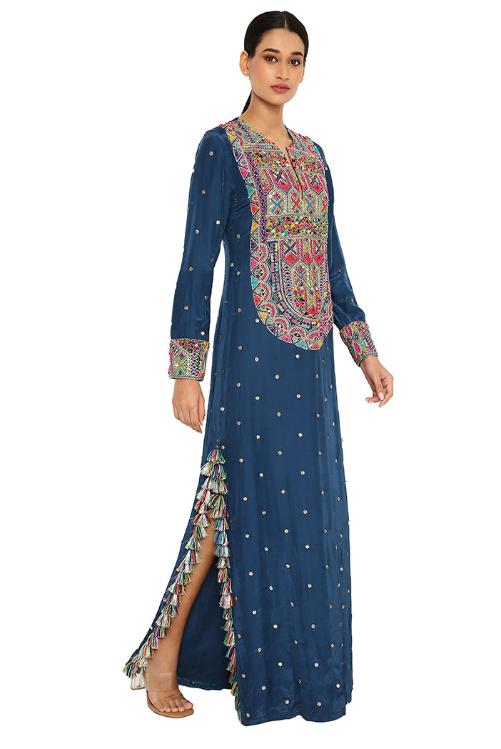 Adira Teal Blue Colour Mukaish Silk Embroidered Beyza Kaftan