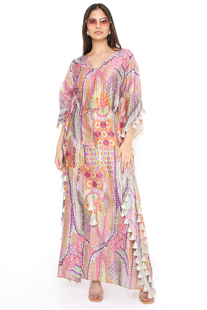 Multicolor African Print Silkmul Kaftan With Tassels