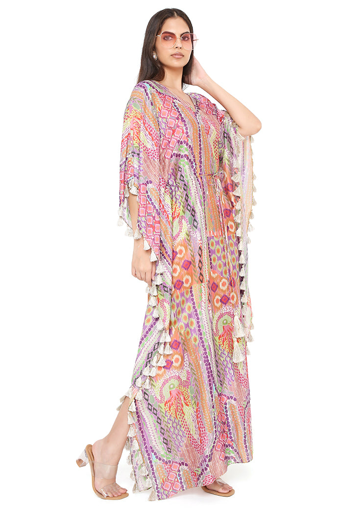 Multicolor African Print Silkmul Kaftan With Tassels