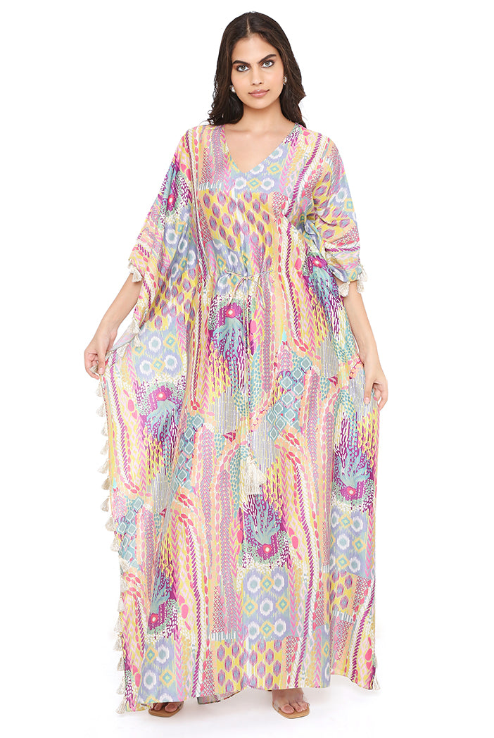 Lime Afican Print Silkmul Kaftan With Tassels