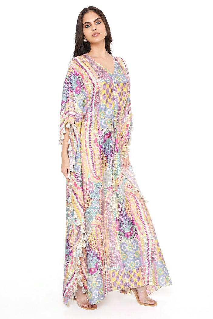 Lime Afican Print Silkmul Kaftan With Tassels