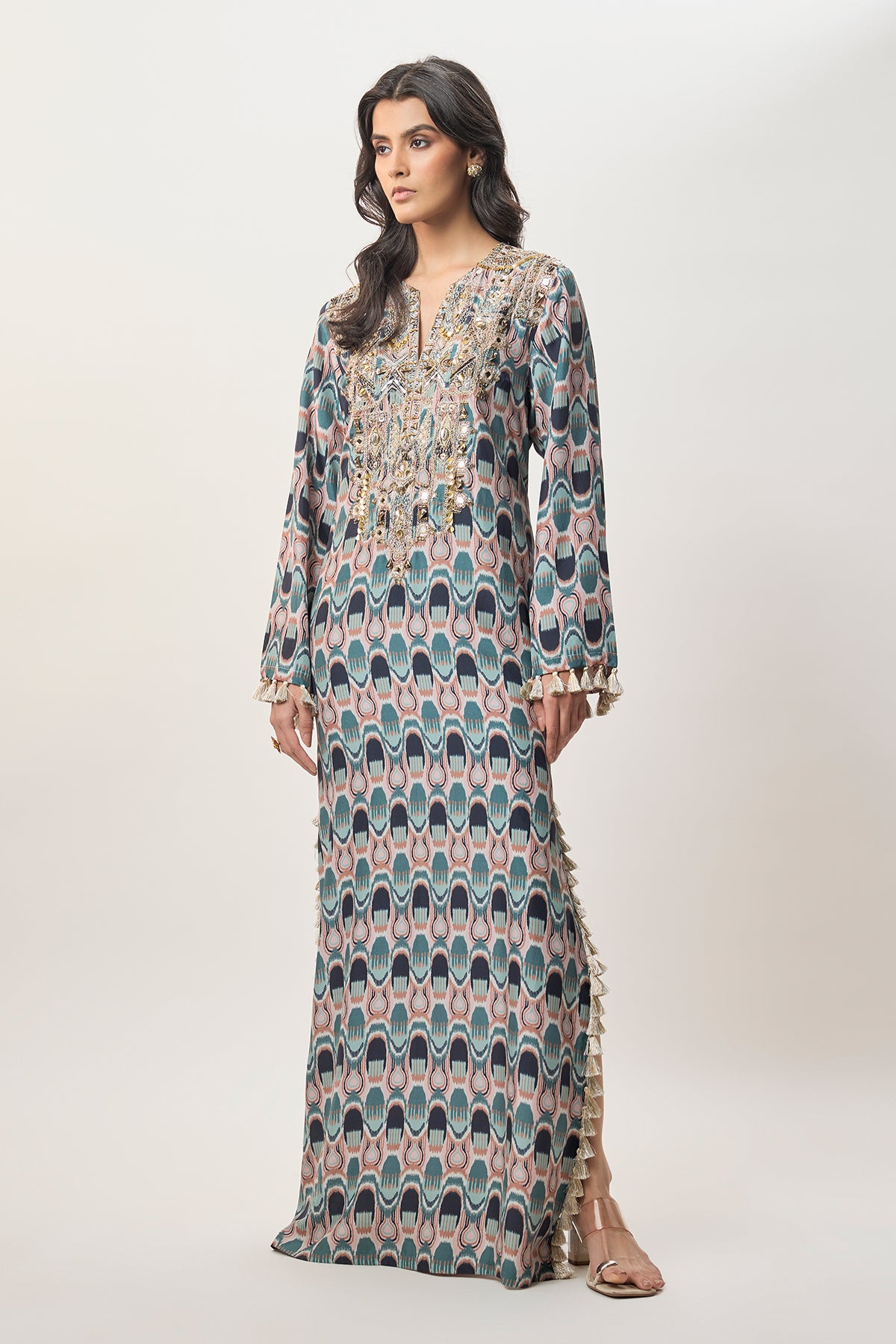 Mahsa Indigo Kasbah Print Abutai Silk Long Beyza Kaftan