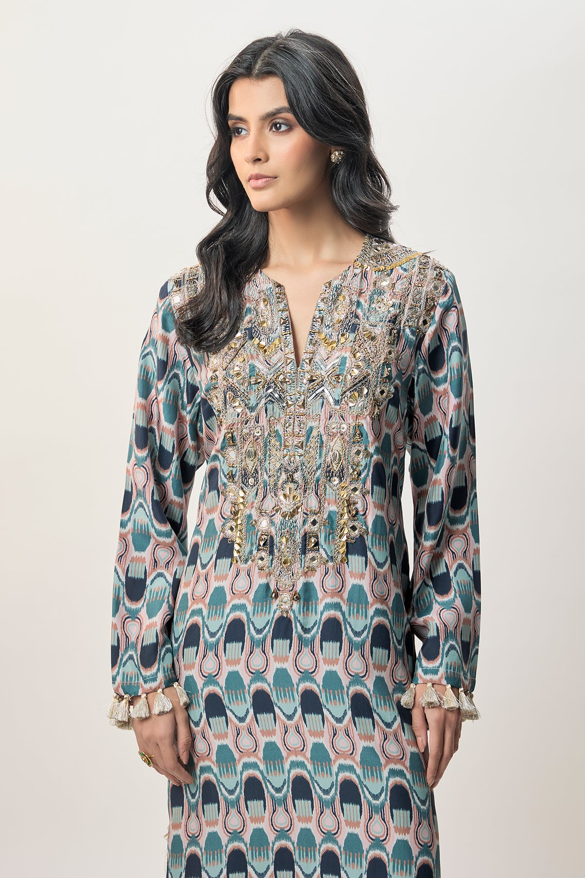 Mahsa Indigo Kasbah Print Abutai Silk Long Beyza Kaftan