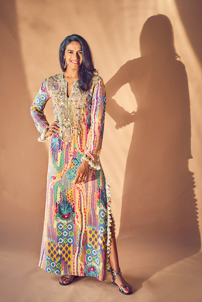 Lime African Print Crepe Yoke Embroidered Long Kaftan