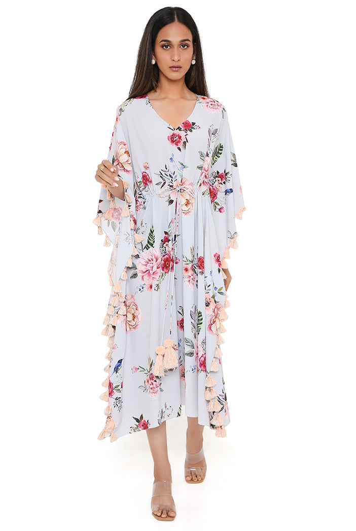 Grey Gulabi Print Art Crepe Kaftan With Tassels
