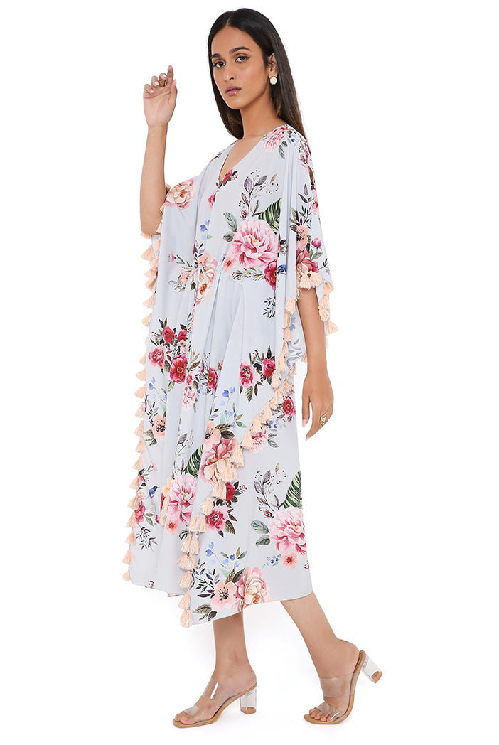 Grey Gulabi Print Art Crepe Kaftan With Tassels