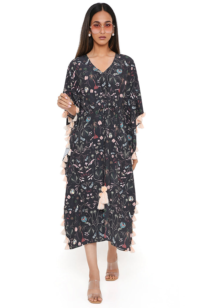 Navy Spring Print Art Crepe Kaftan With Tassels