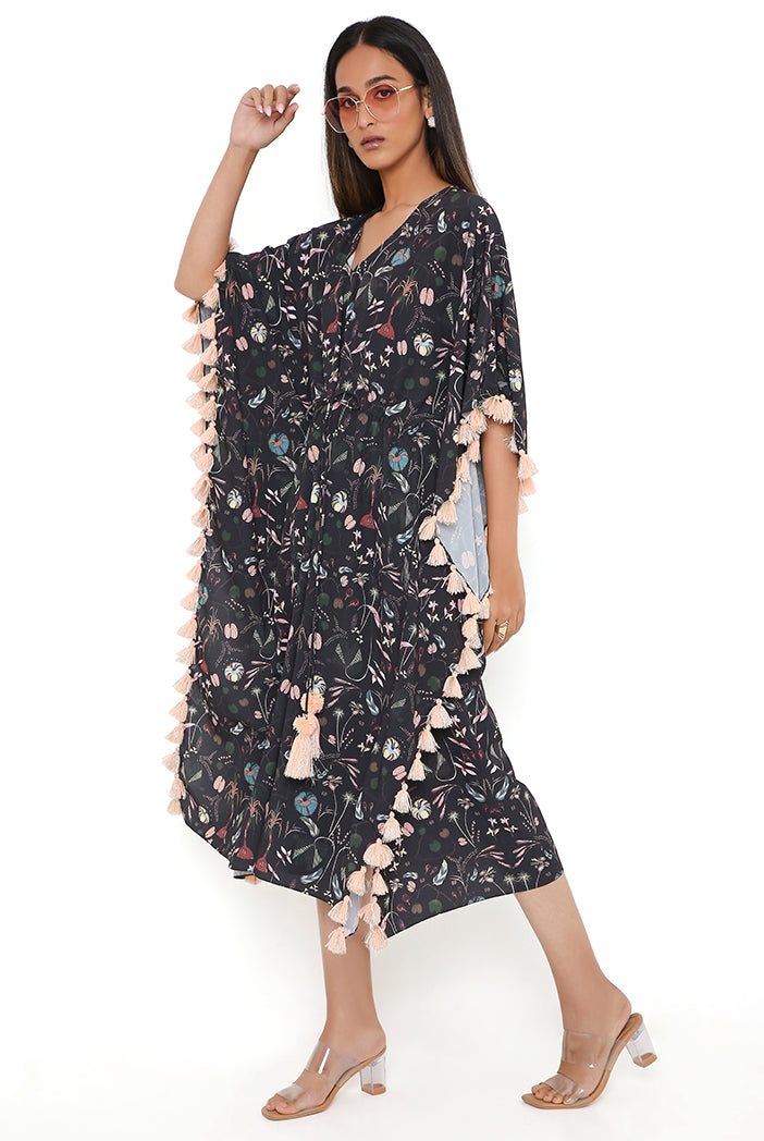 Navy Spring Print Art Crepe Kaftan With Tassels