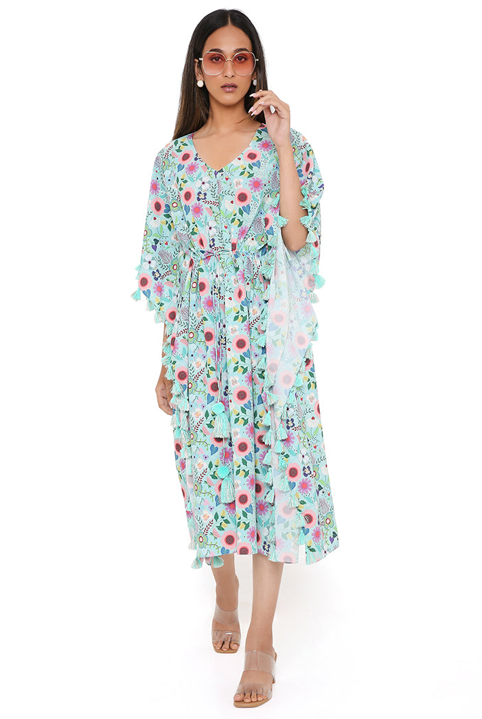 Aqua Spring Floral Garden Print Art Crepe Kaftan With Tassels