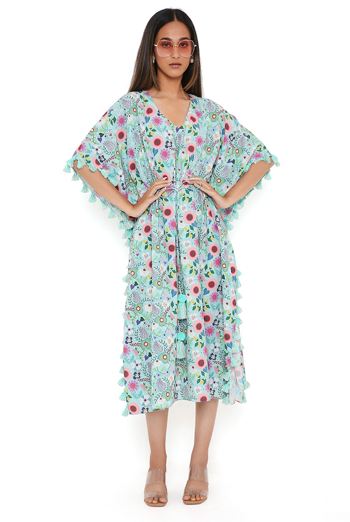 Aqua Spring Floral Garden Print Art Crepe Kaftan With Tassels