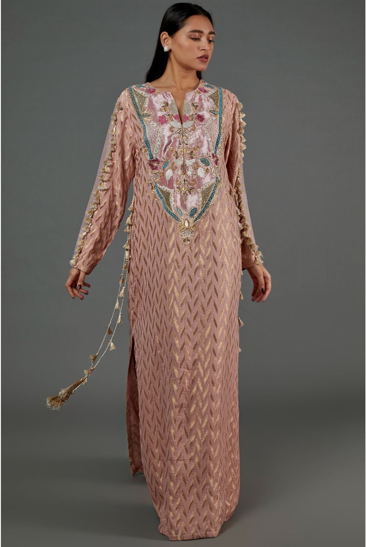 Rose Pink Dash Ikat Banarasi Georgette Embroidered Yoke  Kaftan With Organza Detailed Sleeves