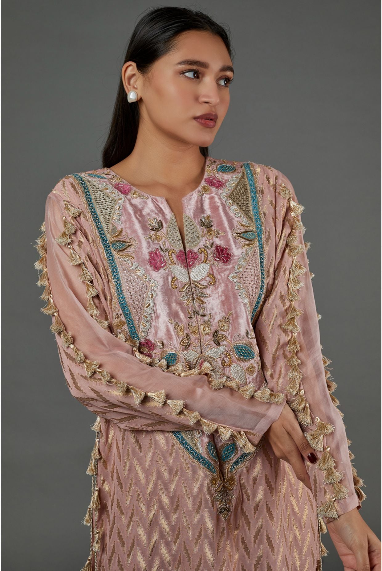Rose Pink Dash Ikat Banarasi Georgette Embroidered Yoke  Kaftan With Organza Detailed Sleeves