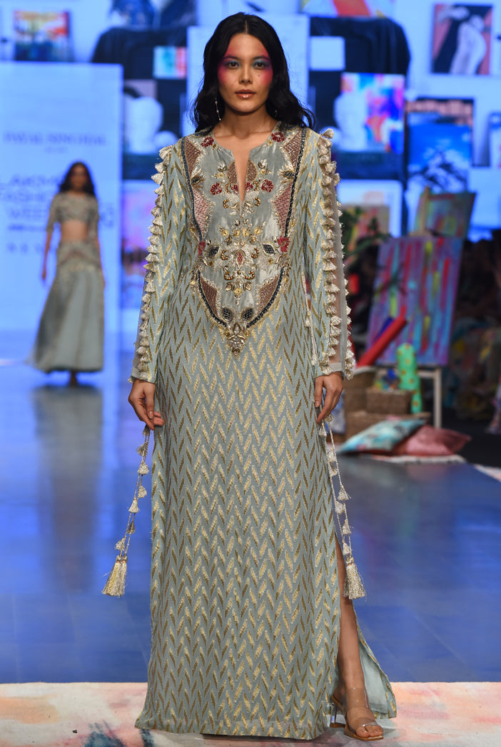 Miraya Powder Blue Dash Ikat Banarasi Georgette Embroidered Yoke Kaftan With Organza Detailed Sleeves
