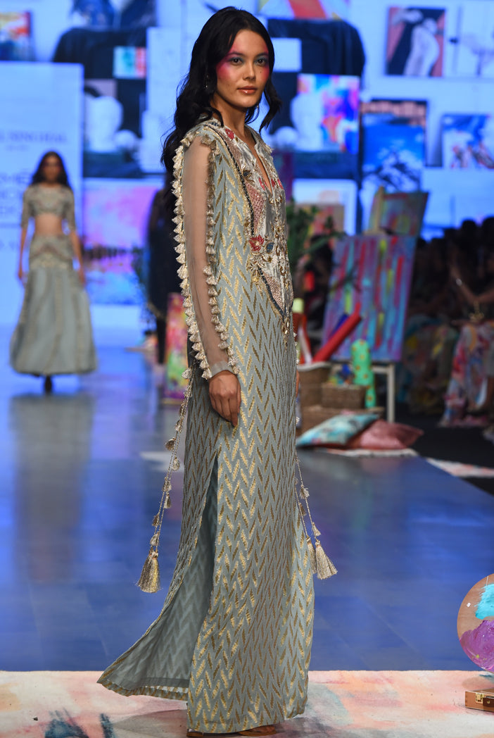 Miraya Powder Blue Dash Ikat Banarasi Georgette Embroidered Yoke Kaftan With Organza Detailed Sleeves