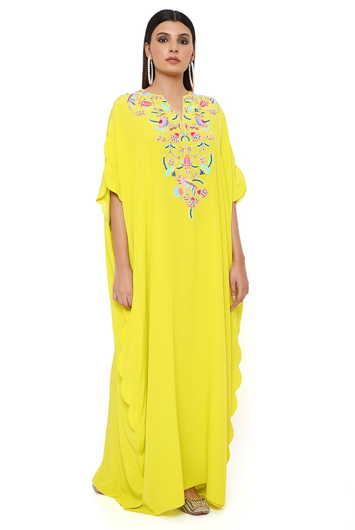Lime Crepe Embroidered Yoke Scalloped Edge Kaftan