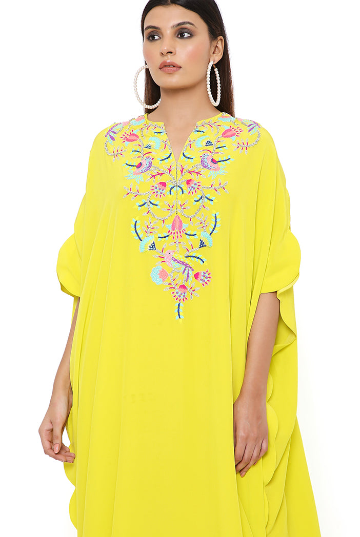 Lime Crepe Embroidered Yoke Scalloped Edge Kaftan