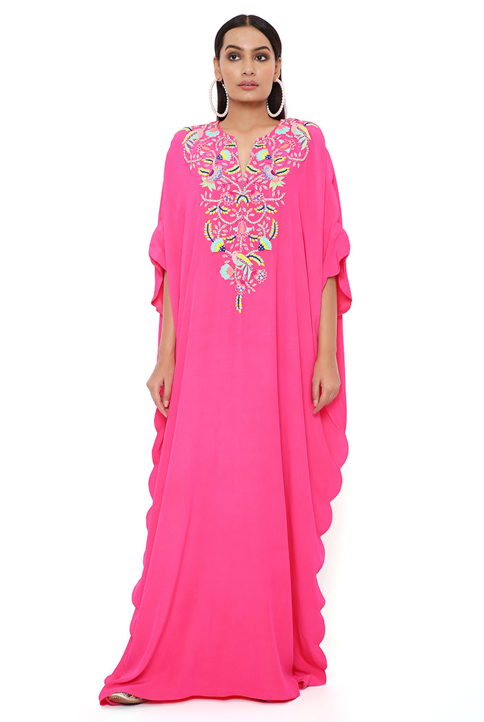 Pink Crepe Embroidered Yoke Scalloped Edge  Kaftan