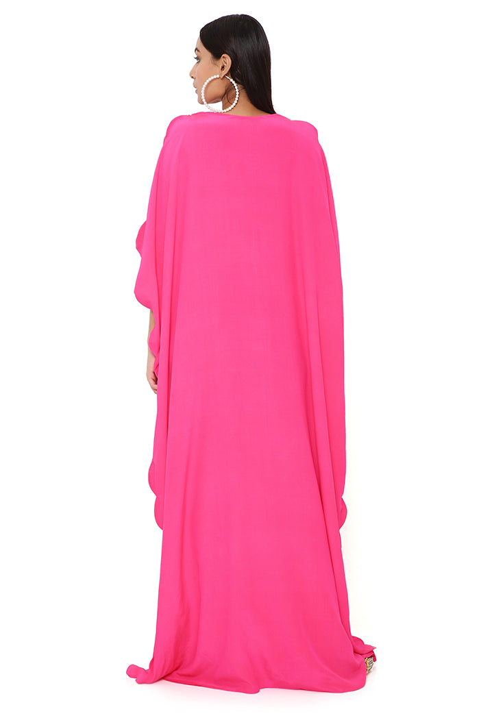 Pink Crepe Embroidered Yoke Scalloped Edge  Kaftan