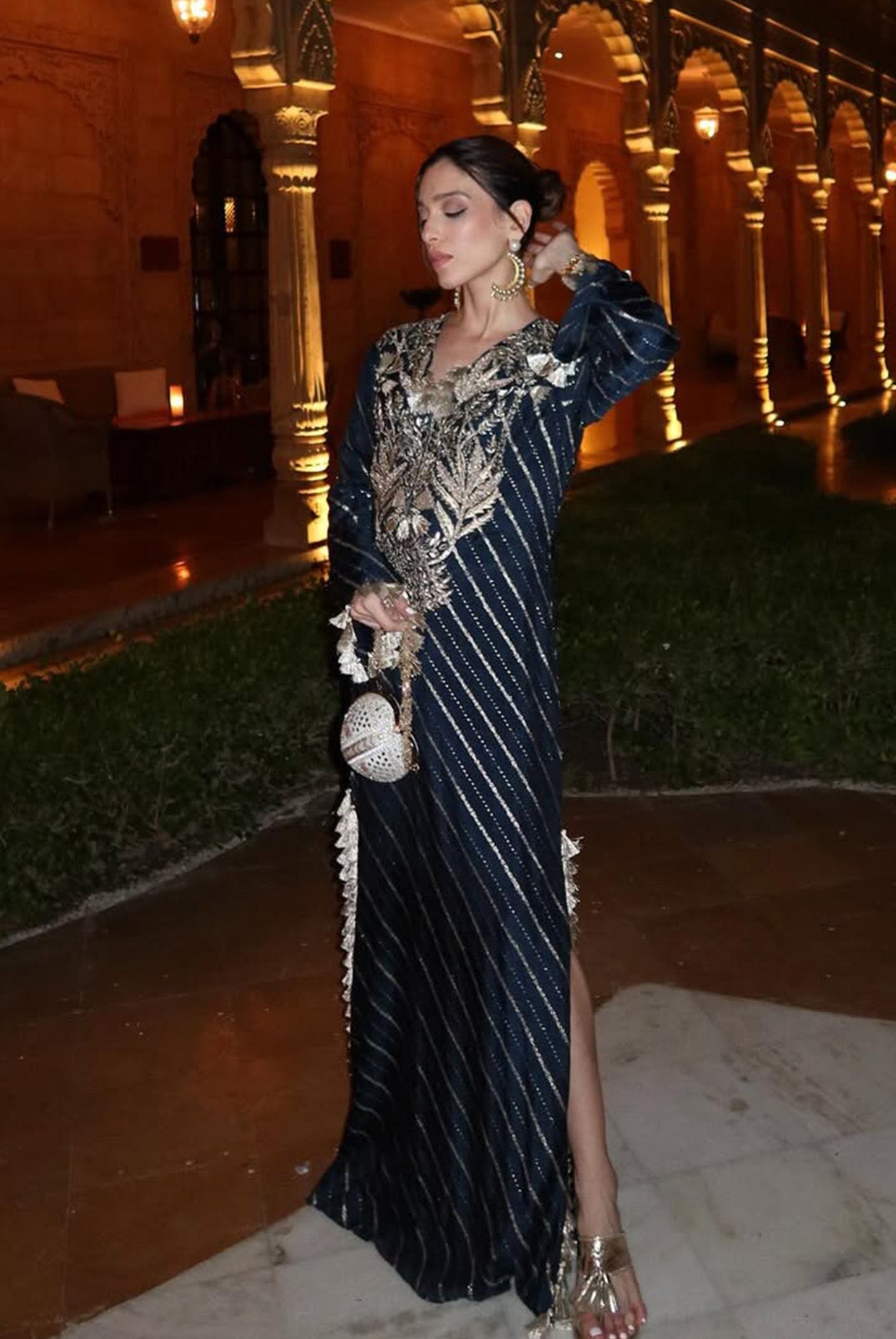 Navy Blue Embroidered Beyza Kaftan