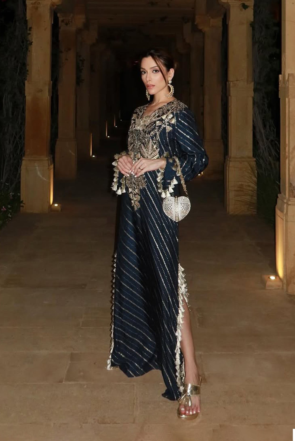 Navy Blue Embroidered Beyza Kaftan
