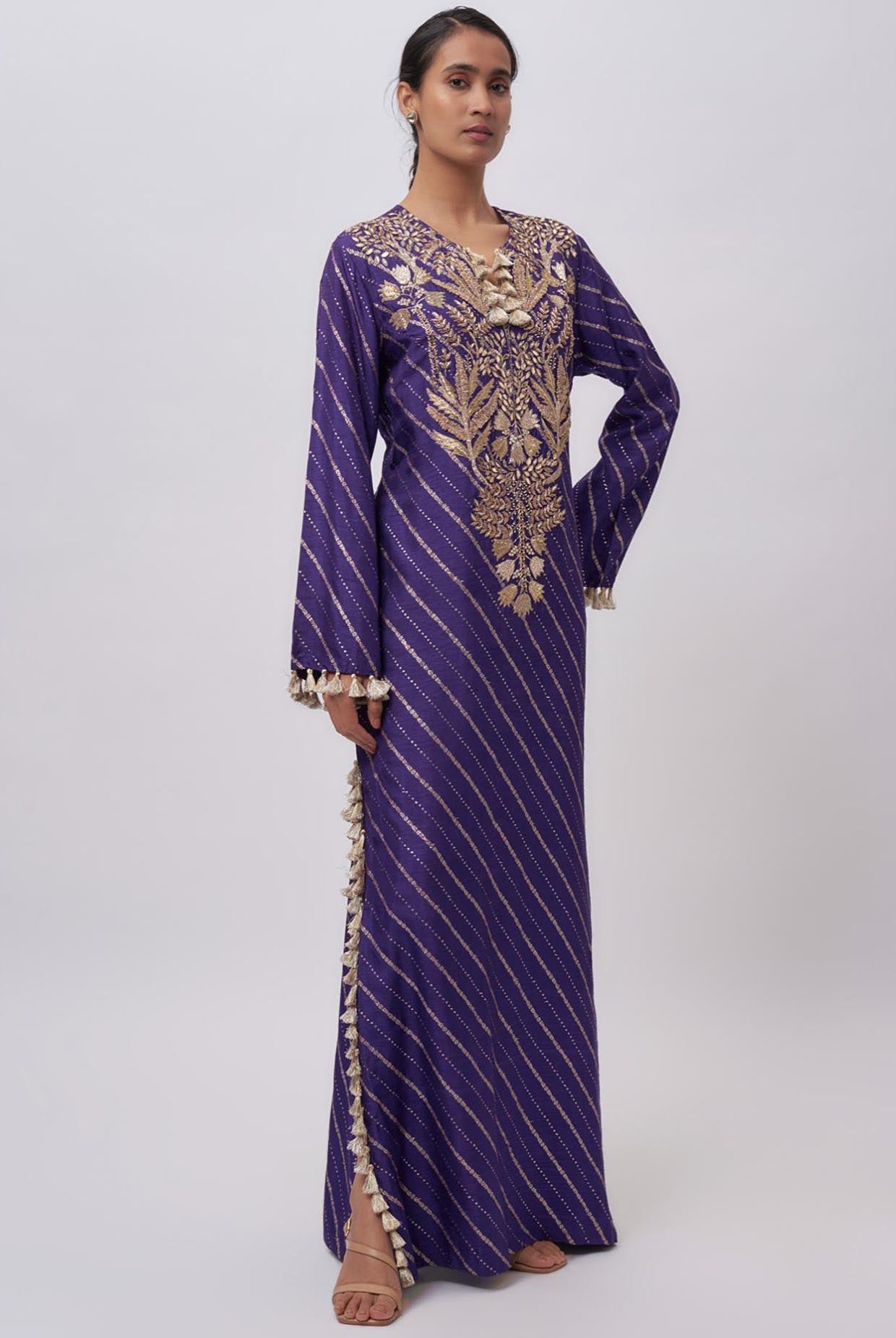 Purple Dola Silk Embroidered Kaftan.