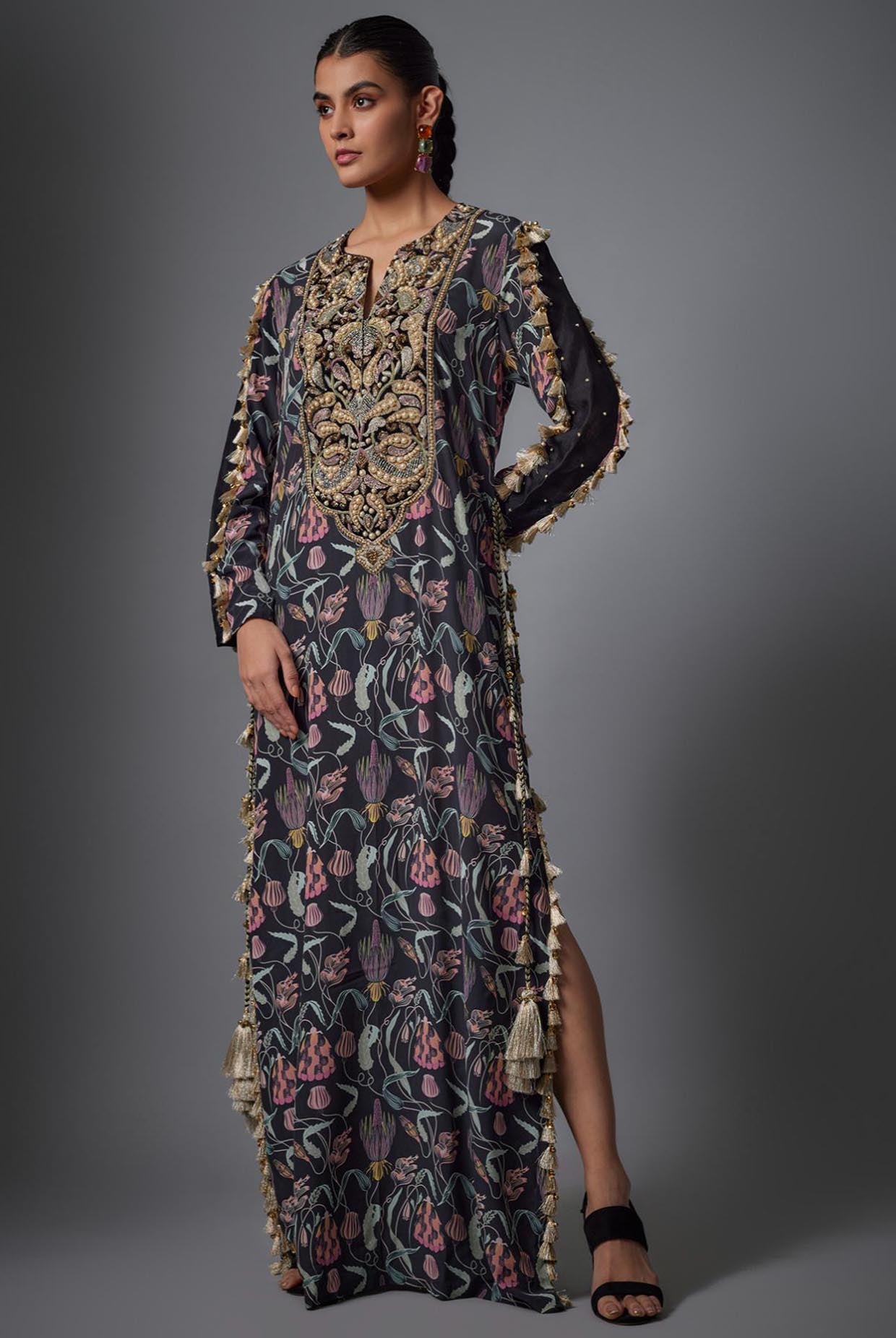 Black Island Escape Print Crepe Embroidered Yoke Beyza Kaftan.